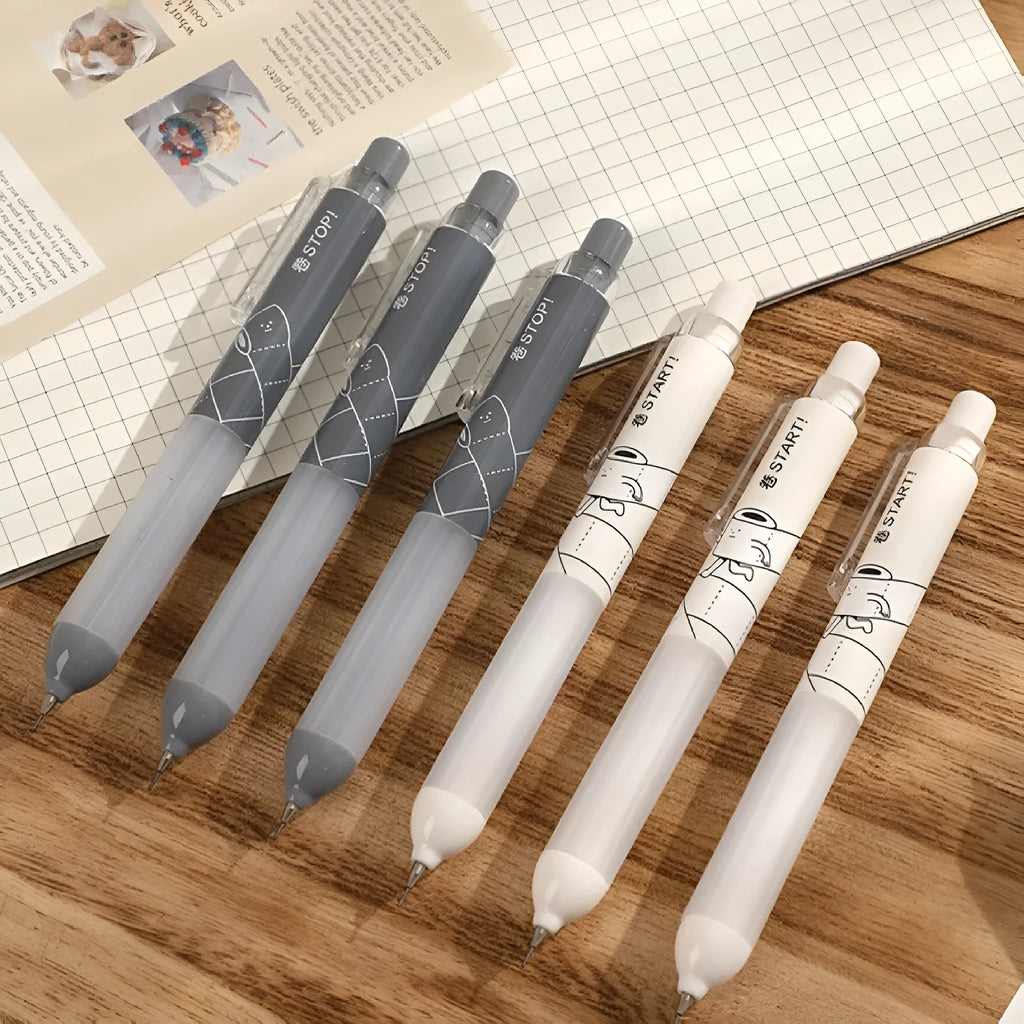 Black and white 0.5mm automatic pencils with a soft cloud grip on the barrel.