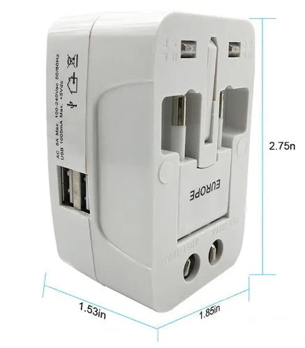Universal travel plug adapter showing UK, US, EU, and AU pins with dimensions 73x50x39 mm.