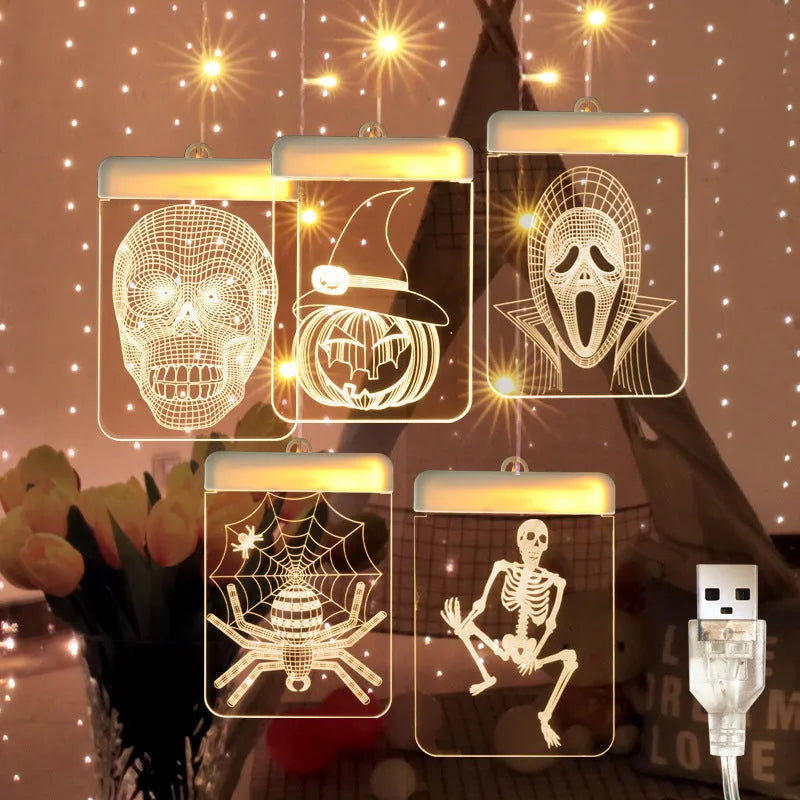 Halloween decoration LED icicle light with acrylic shell plugged into USB, casting a glow.