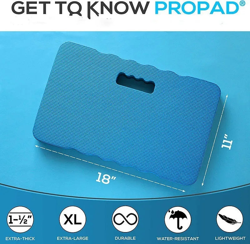 Plastic EVA garden kneeler pad in blue colour with integrated handle, showing dimensions.