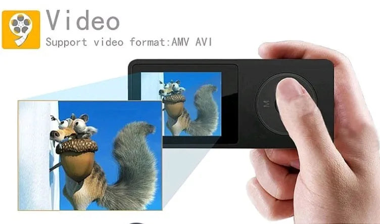 Slim Black MP4 player with a 1.8-inch colour screen showing a music playlist interface.