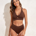 Women's high waist push up bikini set two piece swimsuit in brown with cross front design and side view