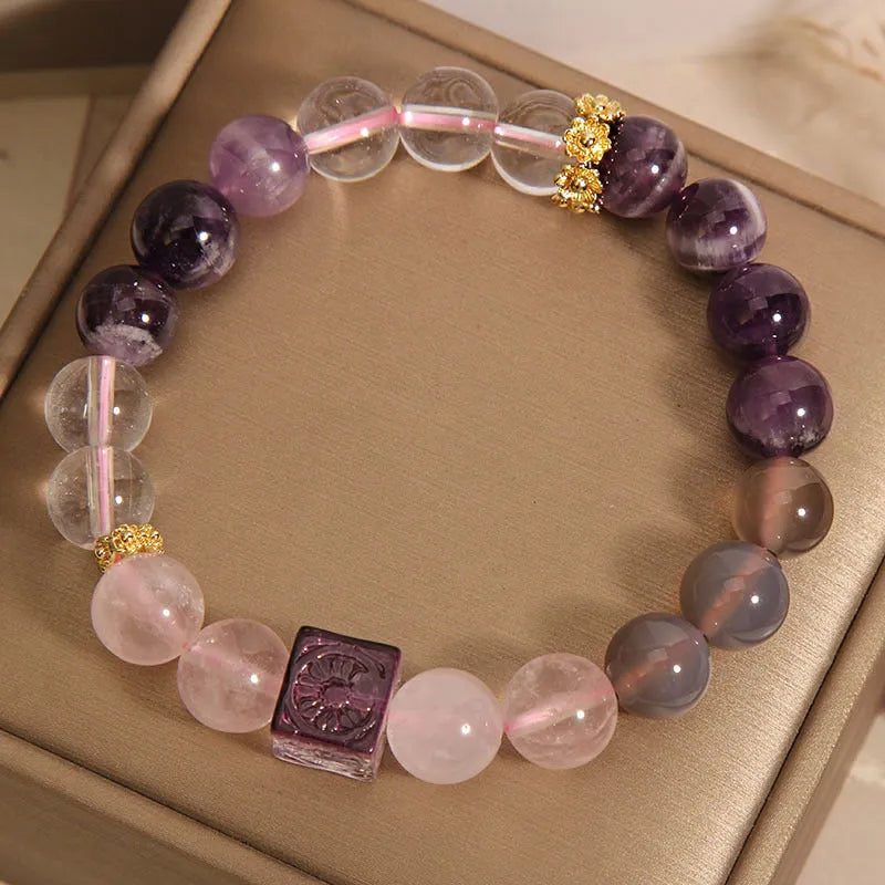 Purple natural amethyst crystal women's bracelet with rhinestone details, 10mm size.