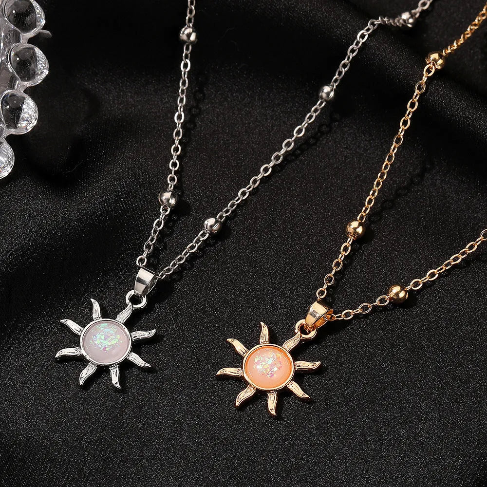 Alloy clavicle necklace with inlaid opal flower pendant on cross chain, gold or silver finish