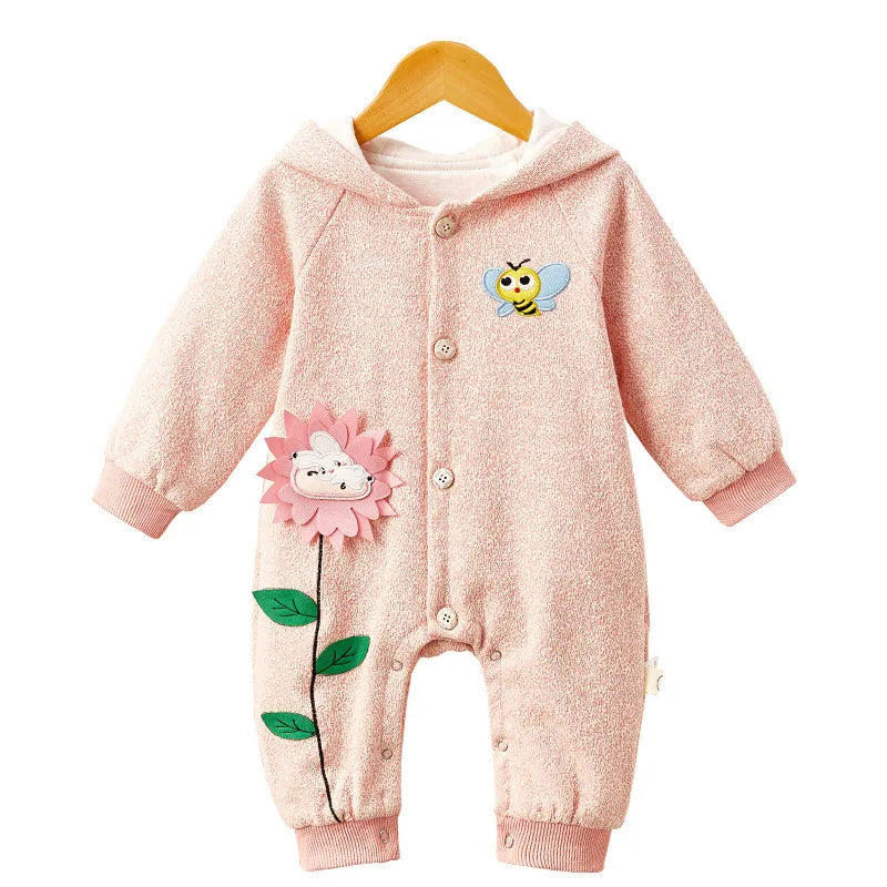 Pink little bee print baby jumpsuit with long sleeves, single-breasted front, on white background