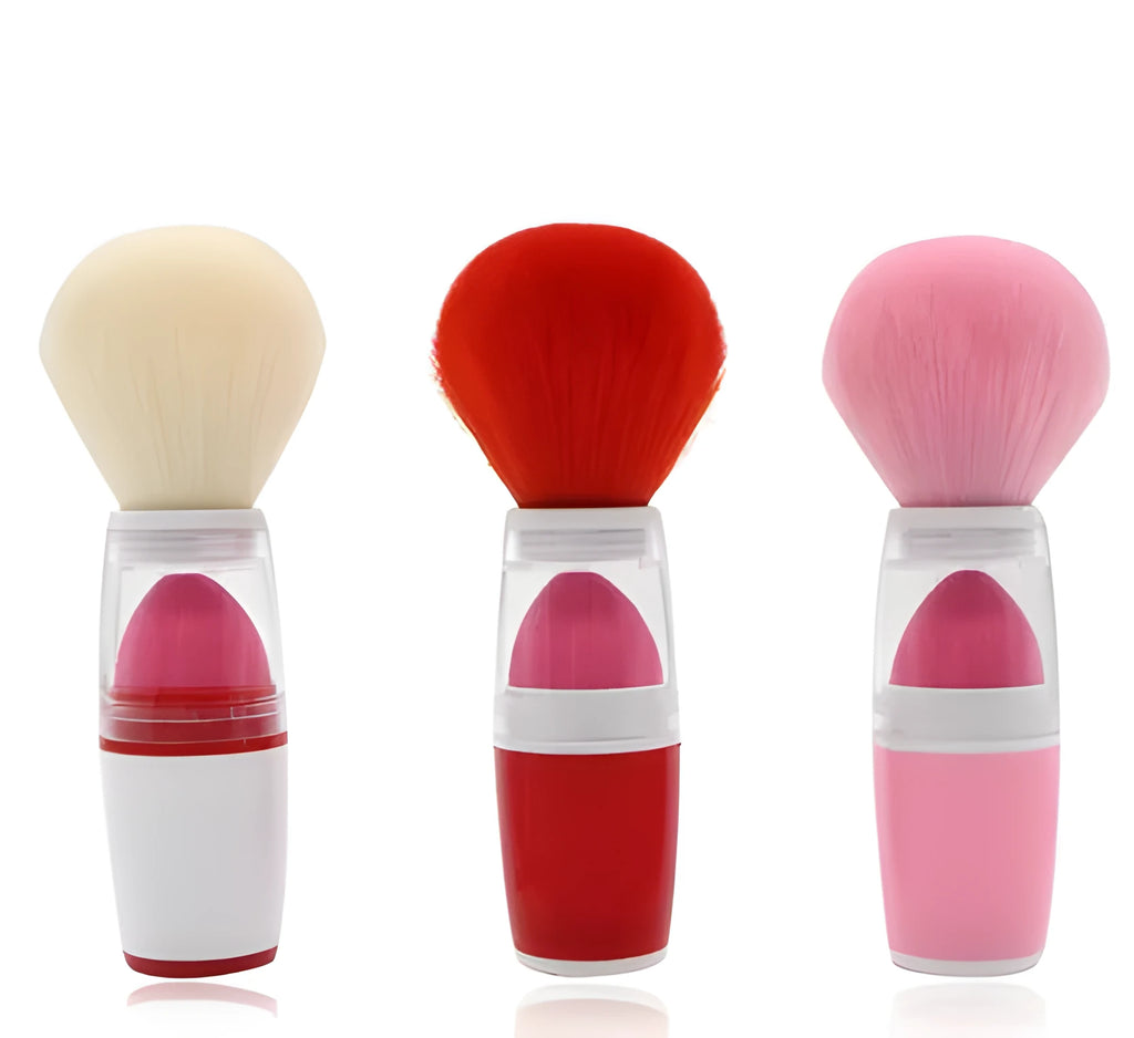 Single portable blush brush with sponge head puff, synthetic hair, and plastic handle in pink colour