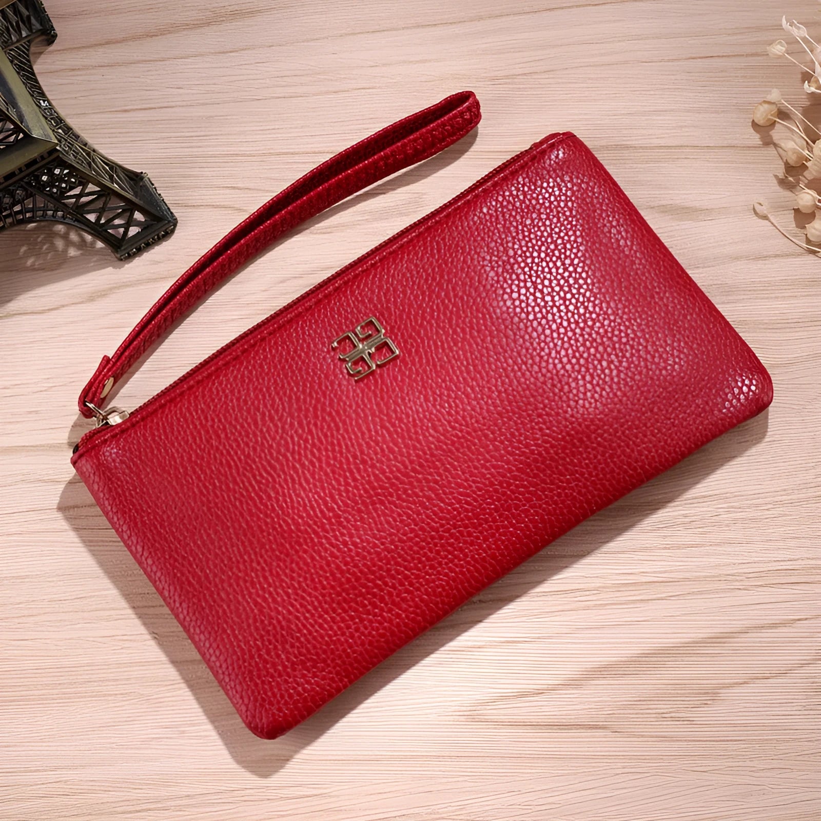 Long wine red PU leather cross-body phone wallet handbag with a zip and adjustable strap.