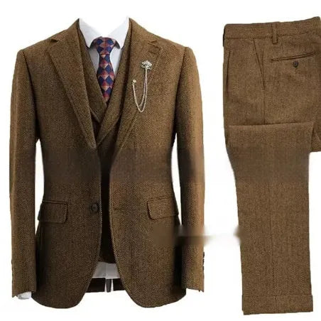 Men's slim fit three-piece suit in brown colour made from nylon fabric, front view with jacket and trousers