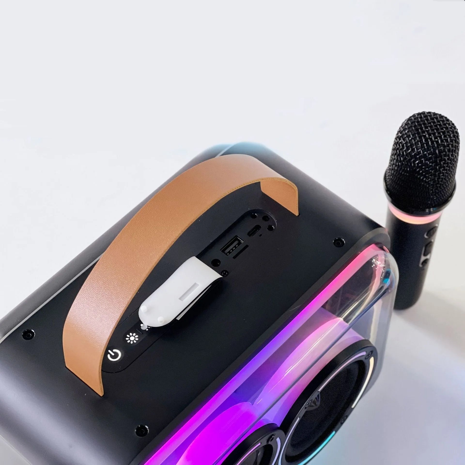 Portable Bluetooth karaoke speaker with colourful RGB lighting in light yellow colour