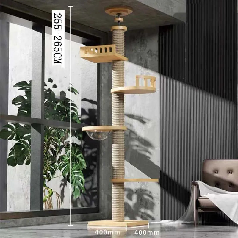 Solid wood column cat climbing frame with space capsule, springboard, and hemp rope scratching posts