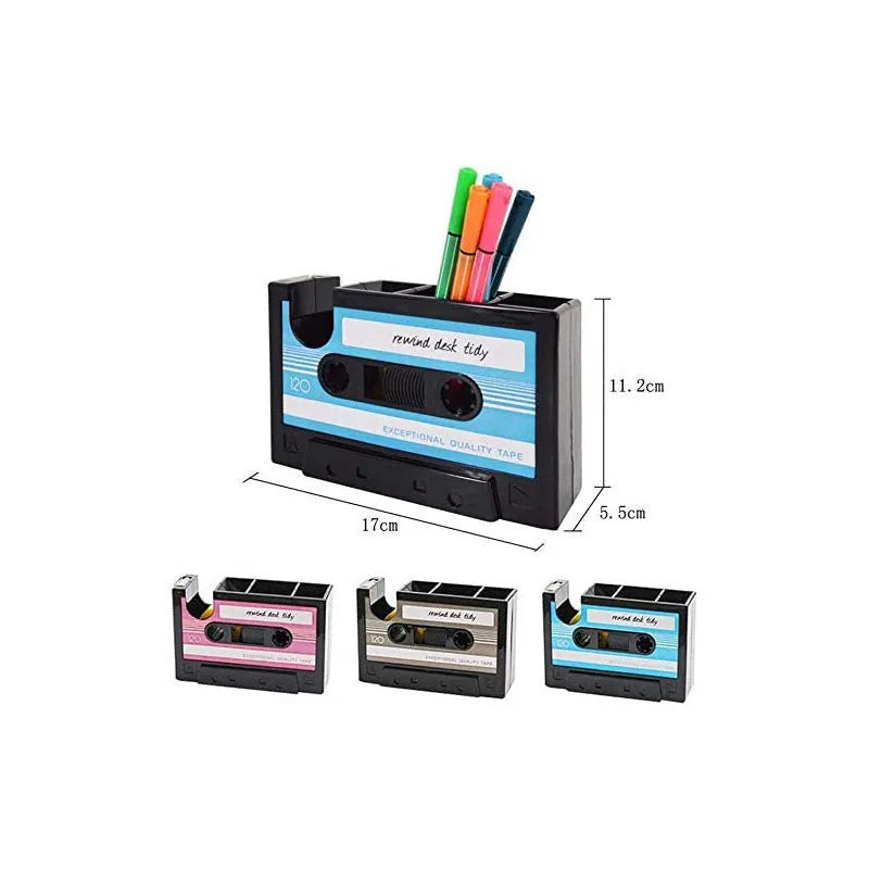 Creative plastic multifunctional pen holder storage box in blue, 17x5x11.5cm, on a desk