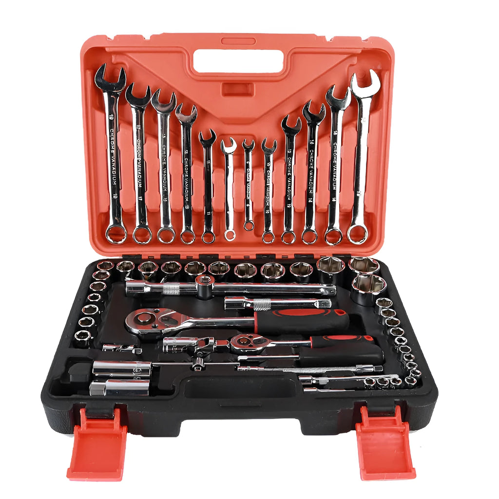 61-piece chrome vanadium steel socket wrench tool set laid out with ratchets, sockets, and wrenches on a workbench.