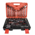 61-piece chrome vanadium steel socket wrench tool set laid out with ratchets, sockets, and wrenches on a workbench.