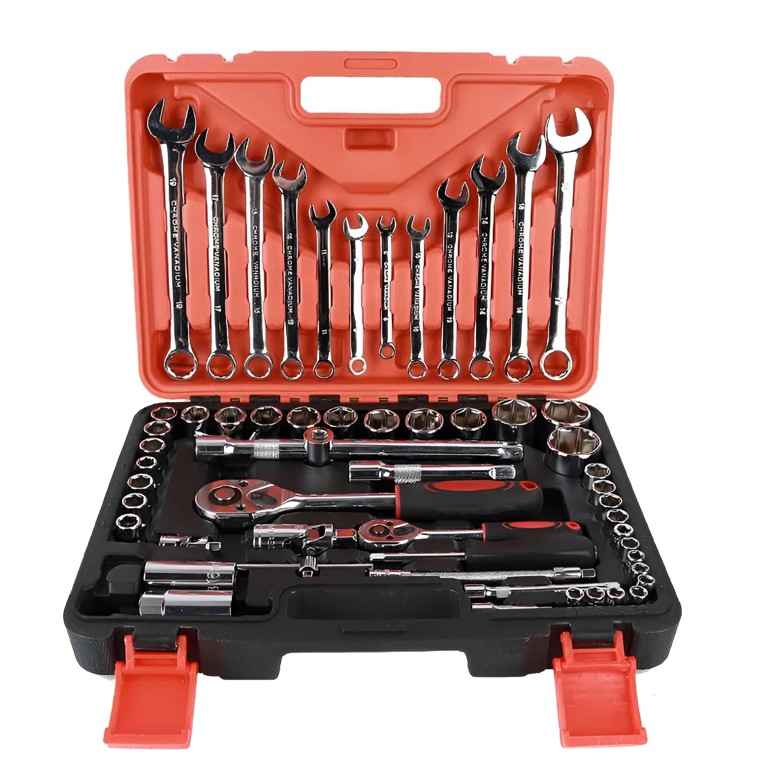61-piece chrome vanadium steel socket wrench tool set laid out with ratchets, sockets, and wrenches on a workbench.