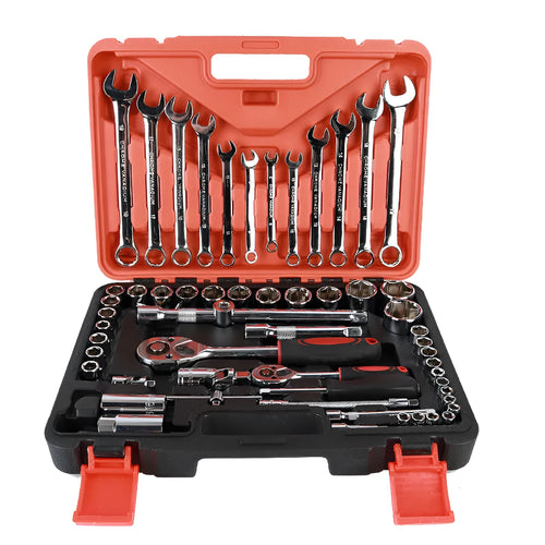 61-piece chrome vanadium steel socket wrench tool set laid out with ratchets, sockets, and wrenches on a workbench.
