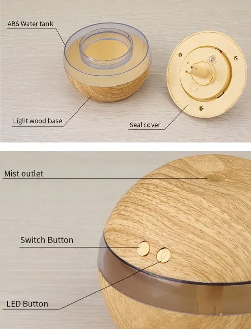 Essential oil diffuser humidifier with 300ml tank and USB power, 110x110x90mm, ABS material