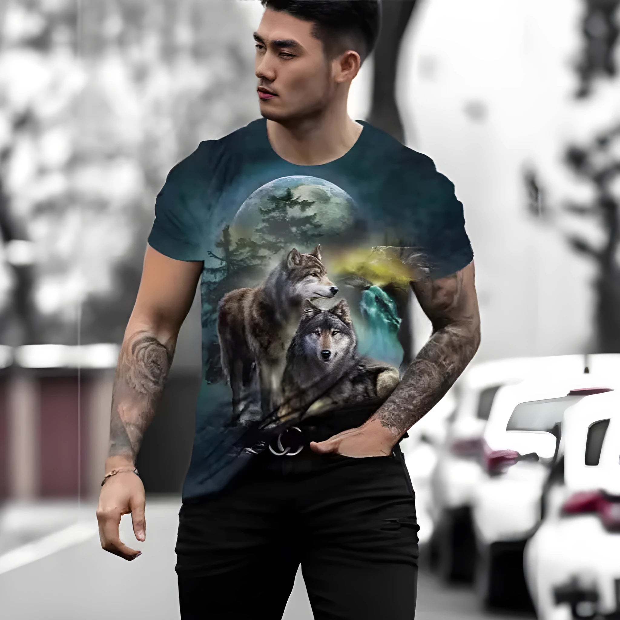 Men's retro 3D animal print T-shirt in bird eye polyester fabric with short sleeves