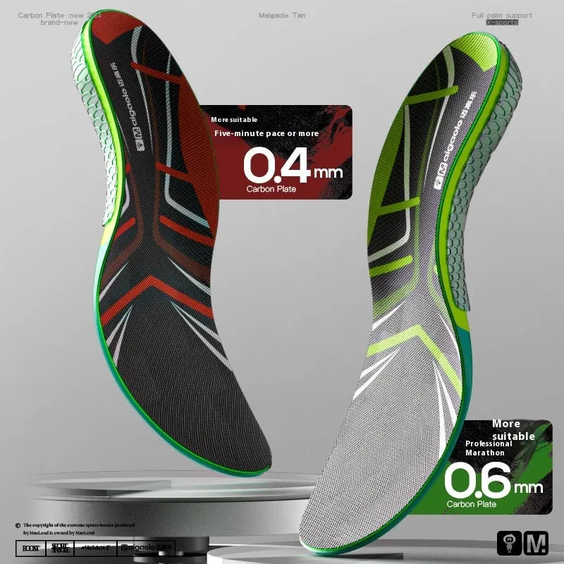 Special insole for marathon racing with carbon plate in red and green colour options