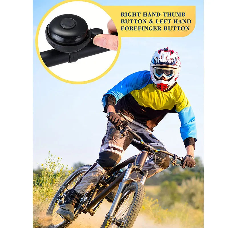 Black bicycle bell with 58mm diameter and ABS plastic construction showing handlebar clamp fixture