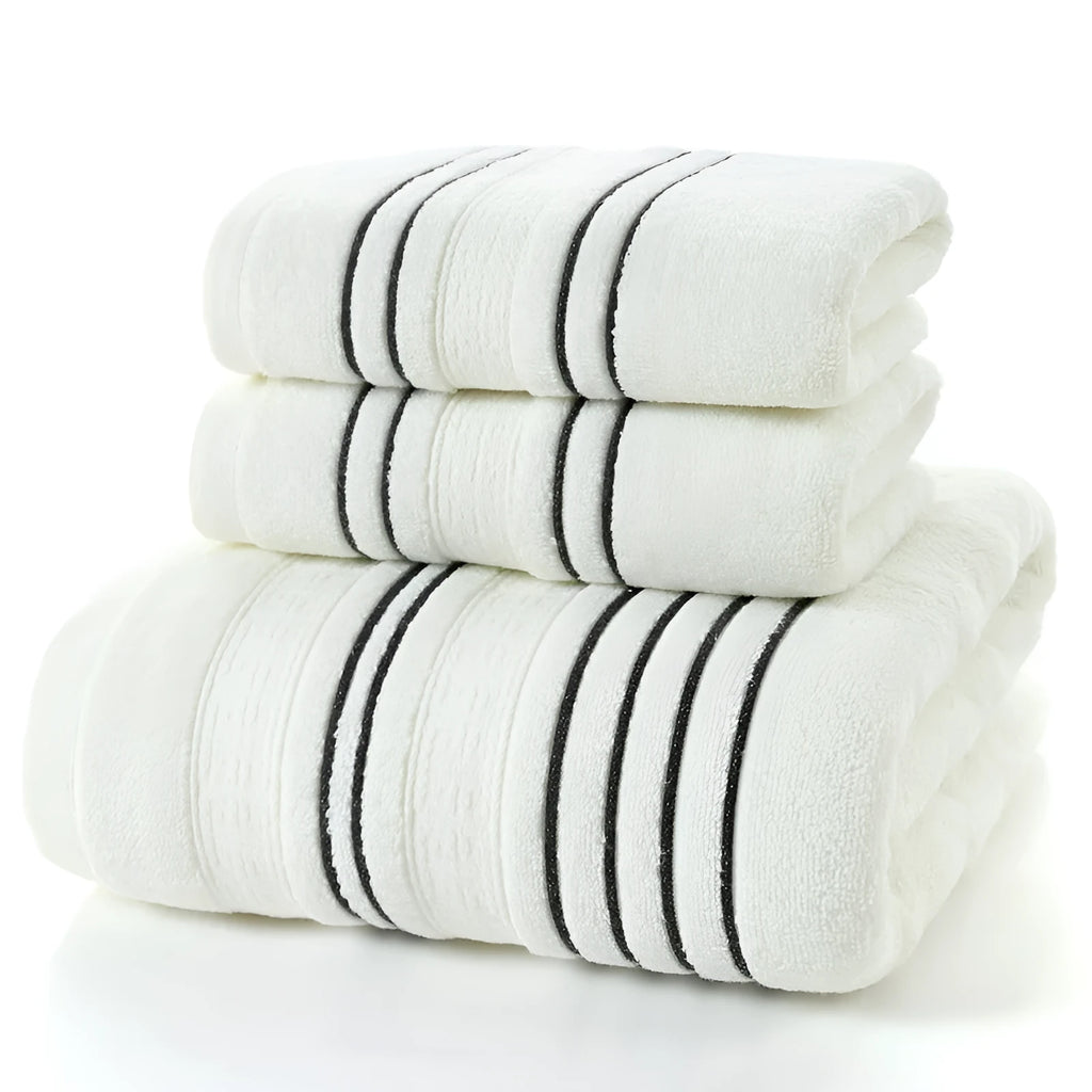 Pure cotton bath towel set with one large towel and two hand towels in neutral colours