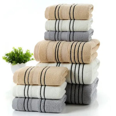 Pure cotton bath towel set with one large towel and two hand towels in neutral colours