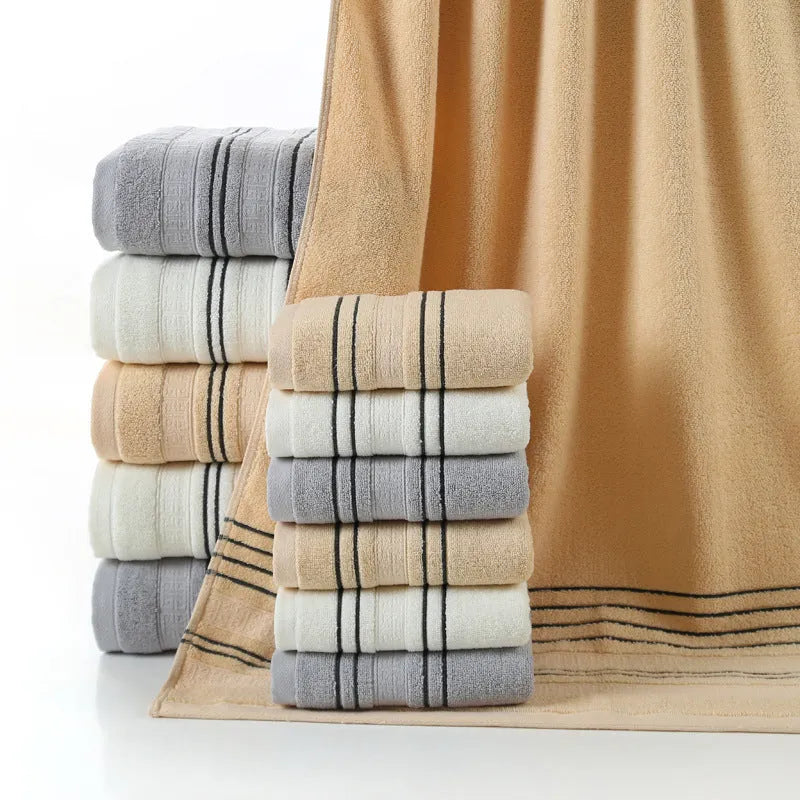 Pure cotton bath towel set with one large towel and two hand towels in neutral colours