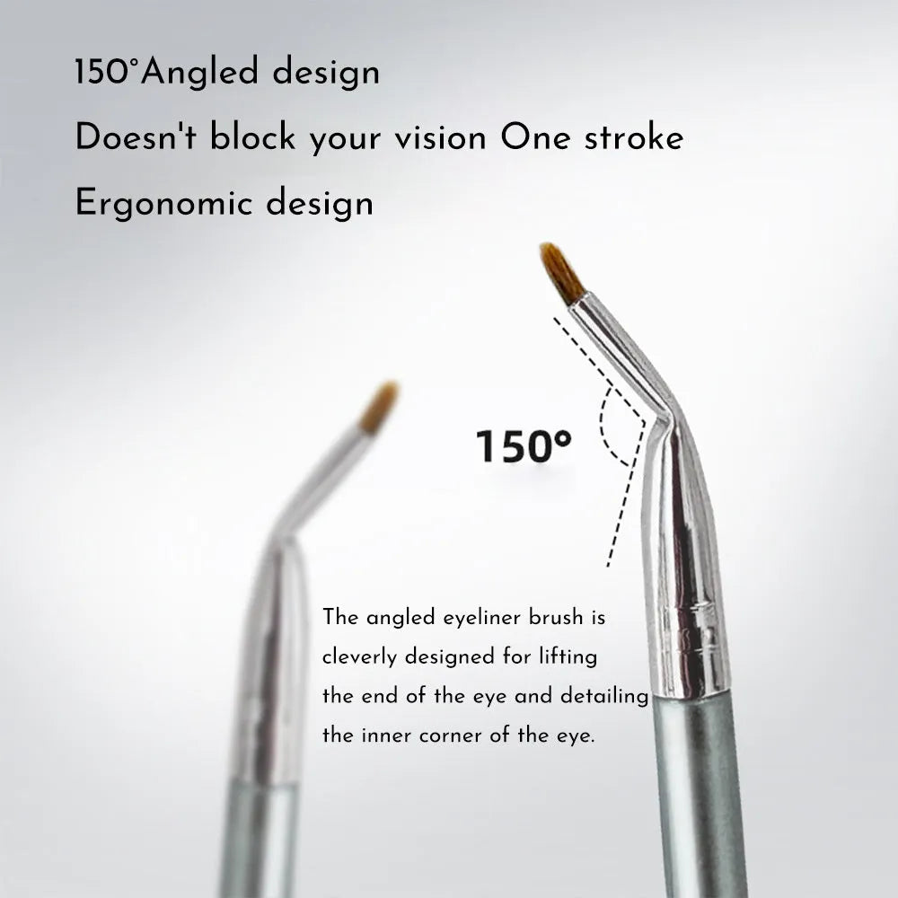 Close-up of a black angled eyeliner brush with a fine point, bent at 45 degrees for precise makeup application.