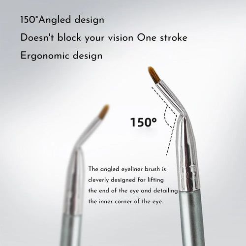 Close-up of a black angled eyeliner brush with a fine point, bent at 45 degrees for precise makeup application.
