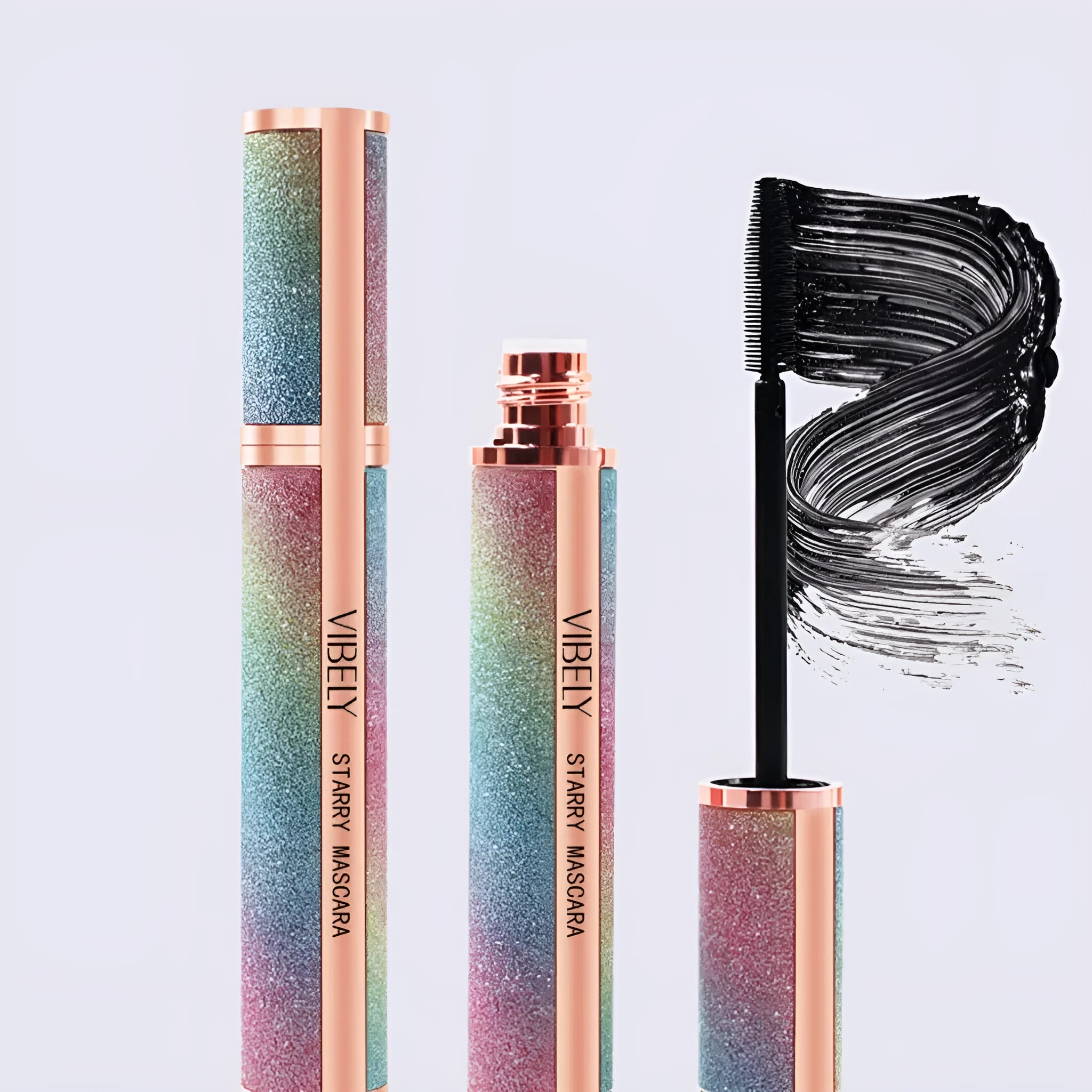 Black waterproof mascara product showing 4D long thick curling effect on lashes
