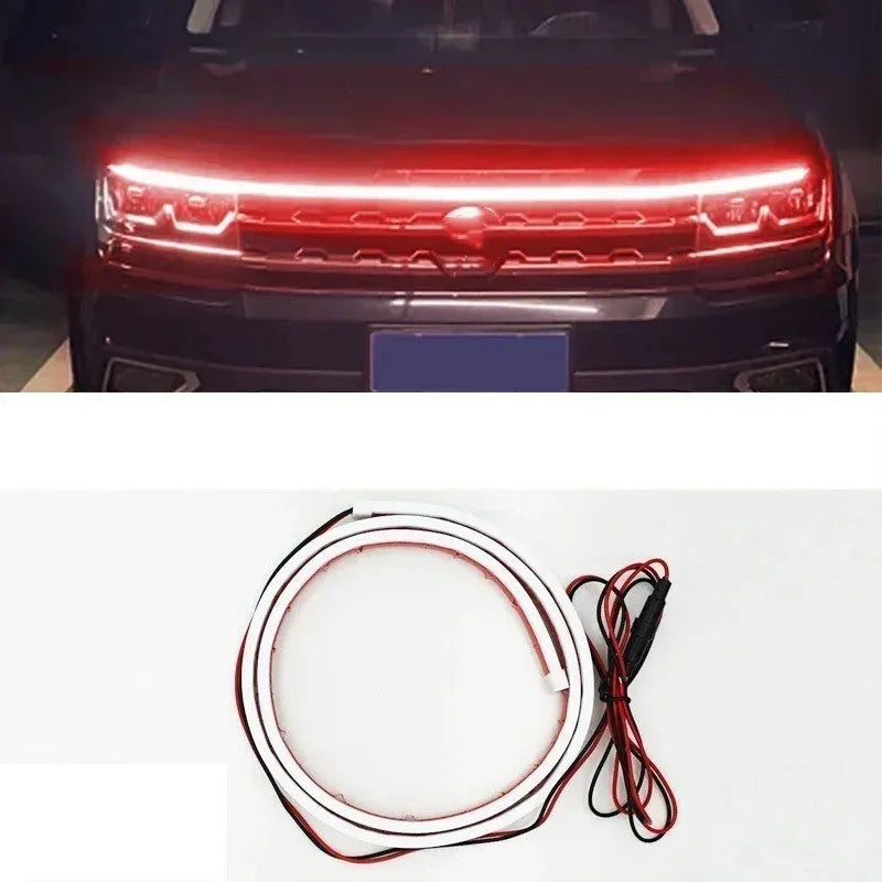 Flexible silicone LED daytime running light strip shown in white, red, and ice blue colours.