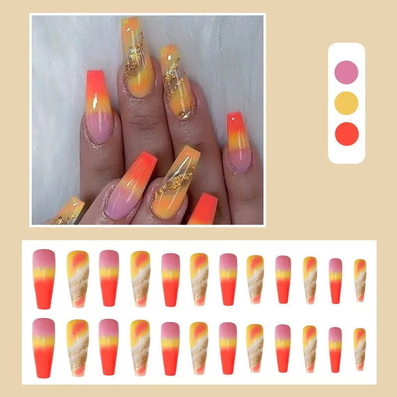 Rainbow gradient fake nails long pointed marble pattern 24 pieces with glue