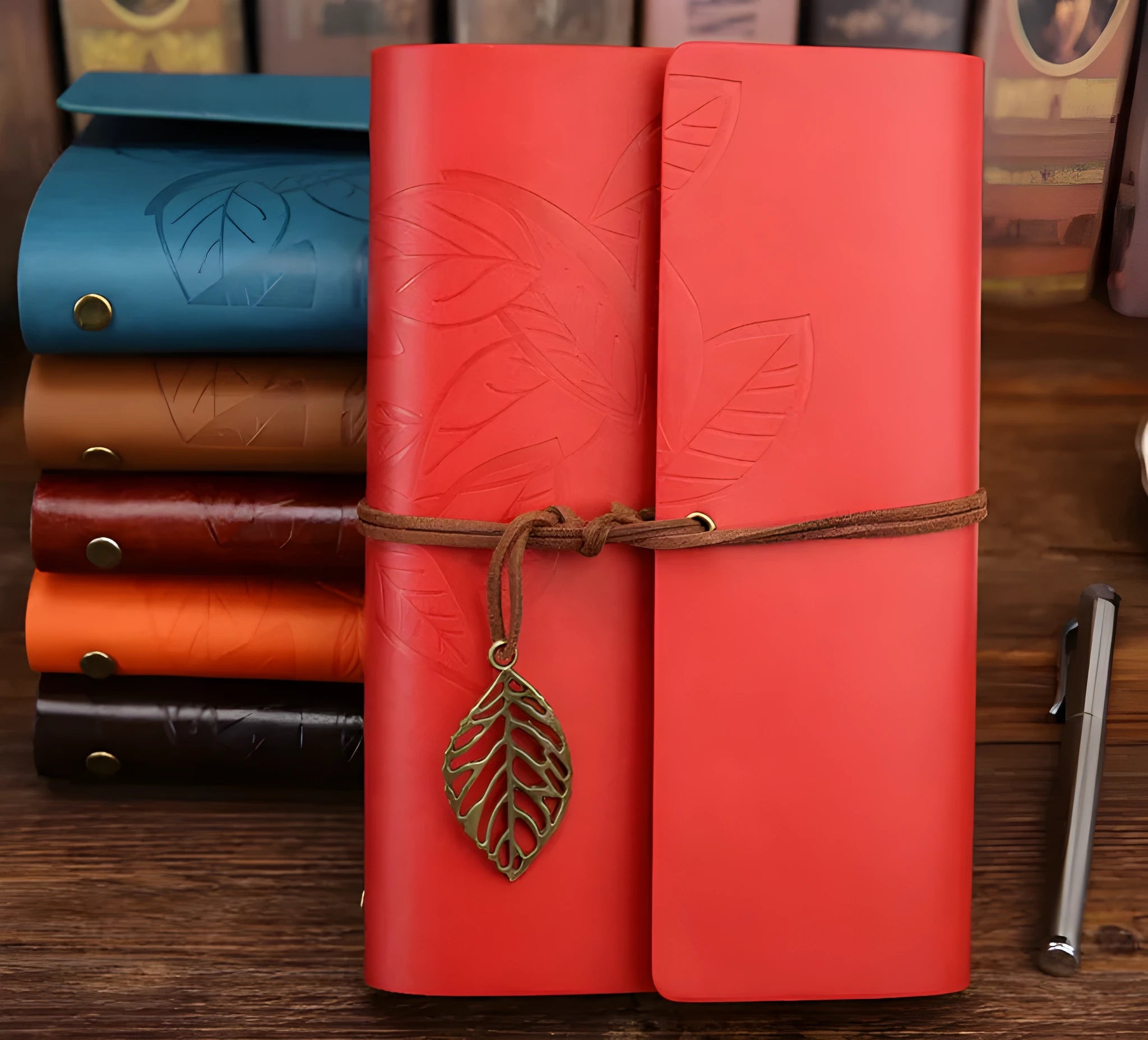 Artificial leather leaf-shaped notepad diary with beige paper, 150 pages, brown colour, large size