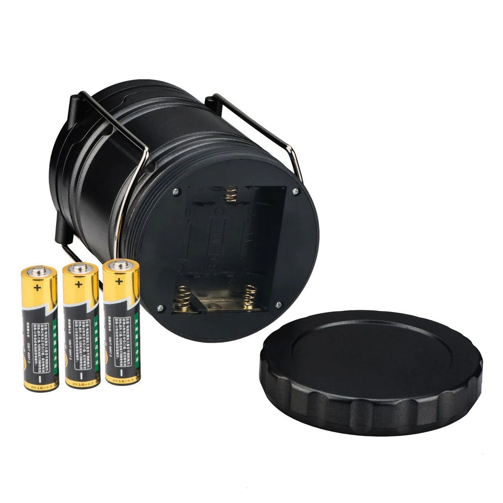 Multifunctional COB camping lantern in gold with solar panel, telescopic body, and stainless steel fold-away handles