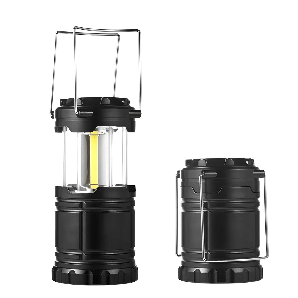 Multifunctional COB camping lantern in gold with solar panel, telescopic body, and stainless steel fold-away handles