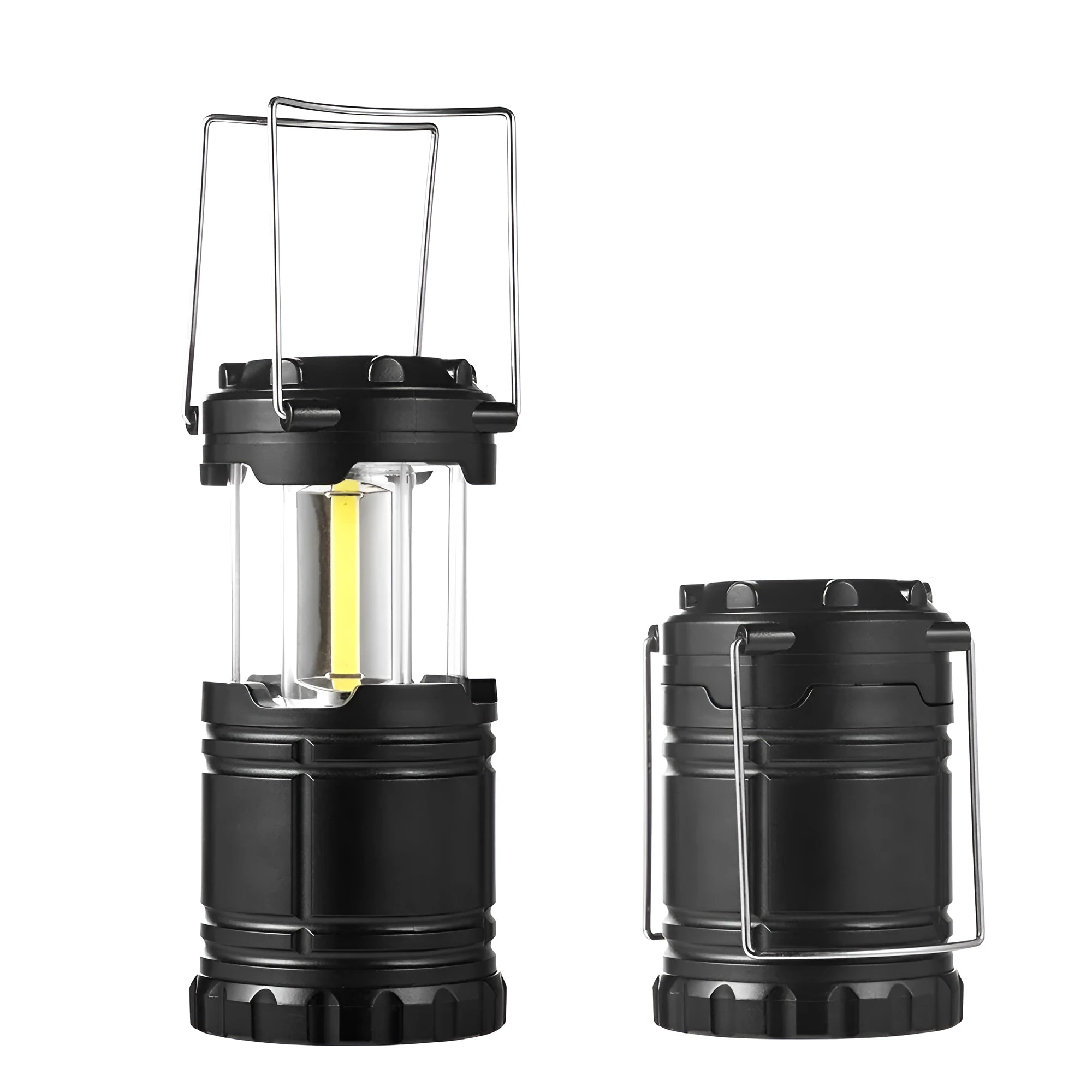 Multifunctional COB camping lantern in gold with solar panel, telescopic body, and stainless steel fold-away handles