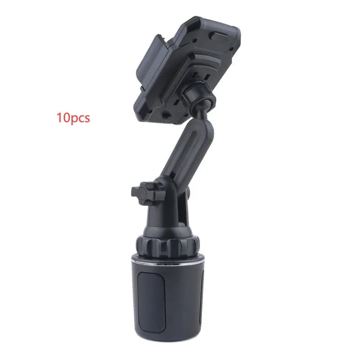 Black ABS car cup holder mobile phone holder with 360° rotation and adjustable height, fitted with foam padding.