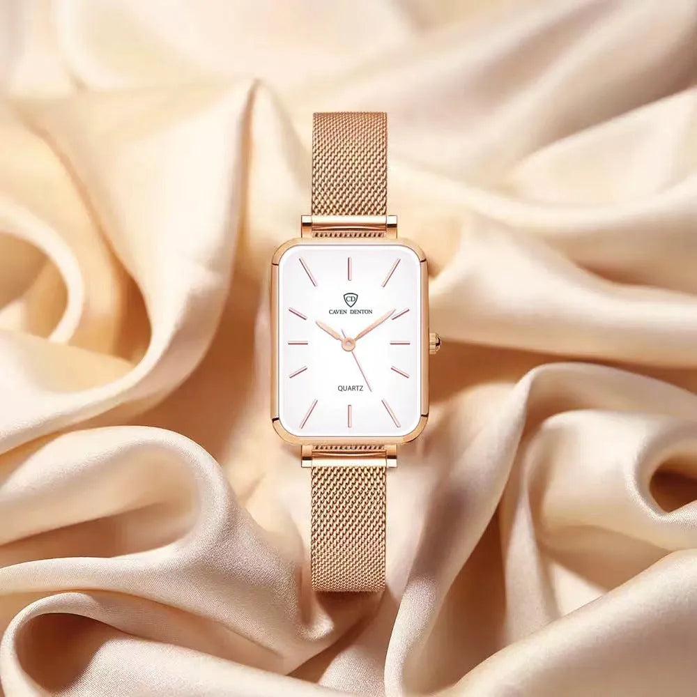 Rose gold or silver women's waterproof quartz watch with alloy case and woven steel strap.