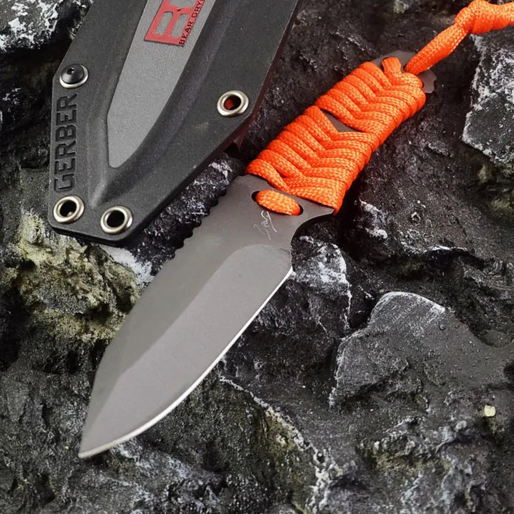 Outdoor camping survival knife with straight blade, rope handle, and ABS protective sheath