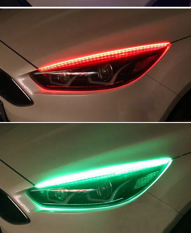 RGB colour-changing LED day running light strip with remote control, shown in 30cm, 45cm, and 60cm lengths.