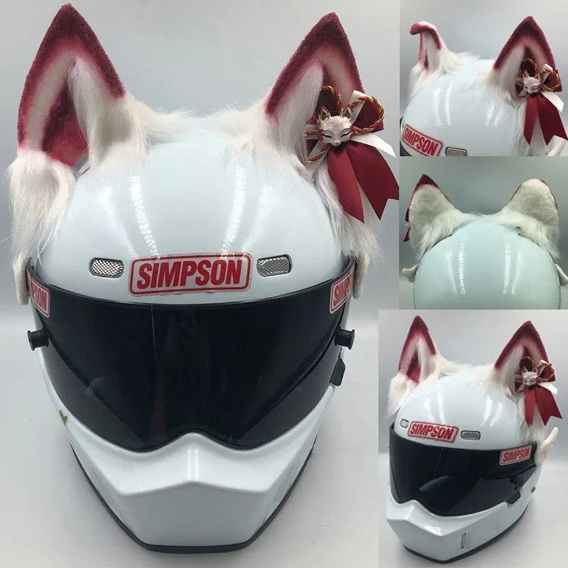 Set of black and white stereoscopic wolf ears and tail clip-on ornaments for a motorcycle helmet.
