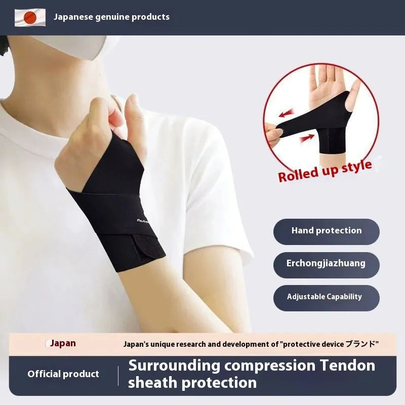 Adjustable black athletic wristguard sheath for sports like badminton and tennis.