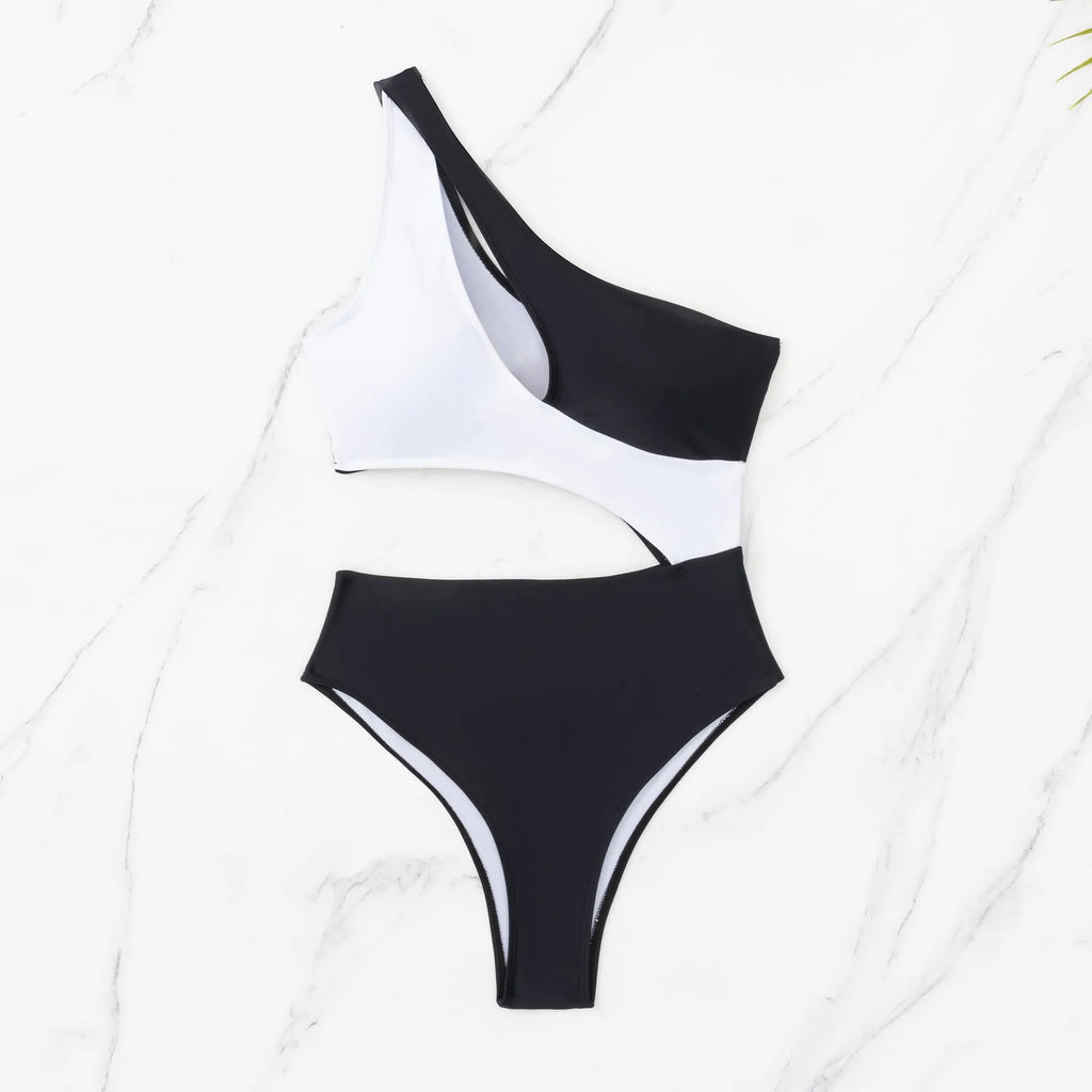 Black women's one-piece swimsuit with white contrast stitching and hollow detailing, sleeveless design.