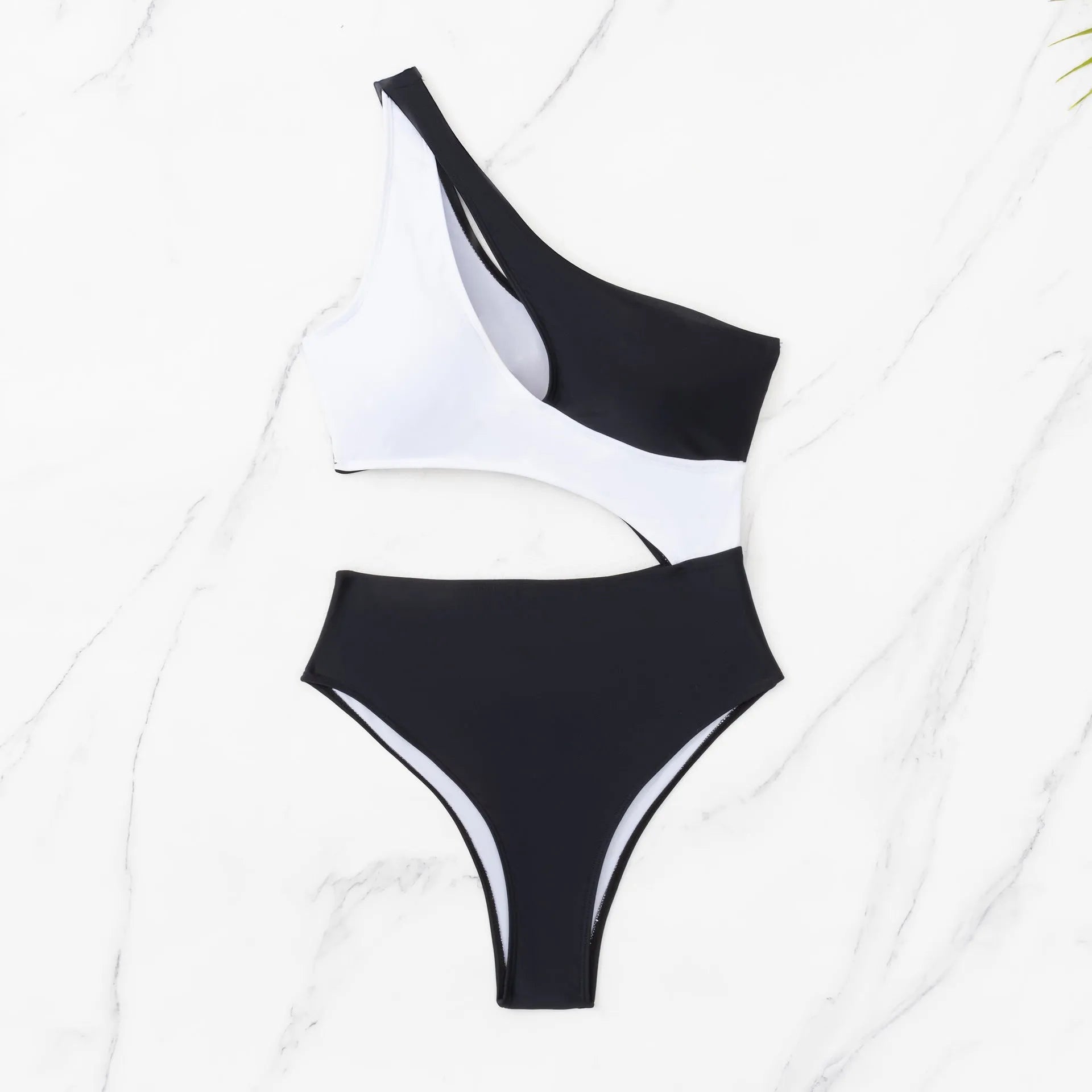 Black women's one-piece swimsuit with white contrast stitching and hollow detailing, sleeveless design.