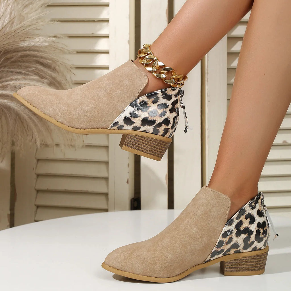 Beige leopard print suede women's ankle boots with pointed toe, chunky heel, and back zipper