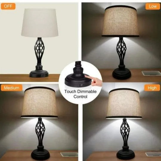 European style alloy table lamp with touch controls for dimmable cold and warm light and a USB charging socket.