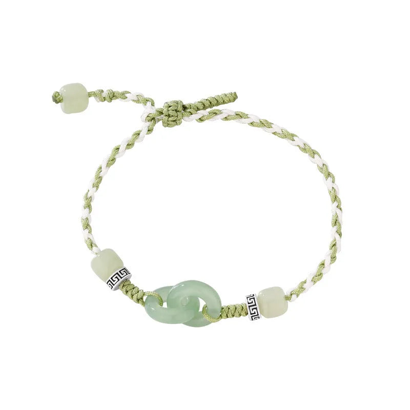 Women's ethnic-style bracelet with jade buckle weaving and double ring design in electroplated copper