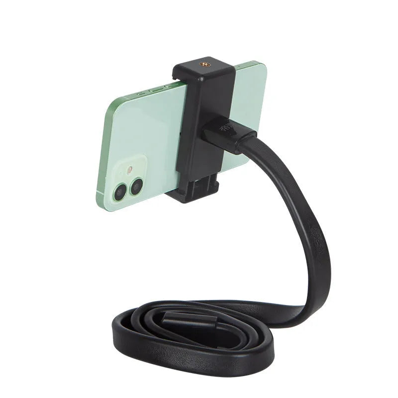 Black flexible silicone hose phone holder with aluminium and ABS parts and a double-hole mobile phone clip.