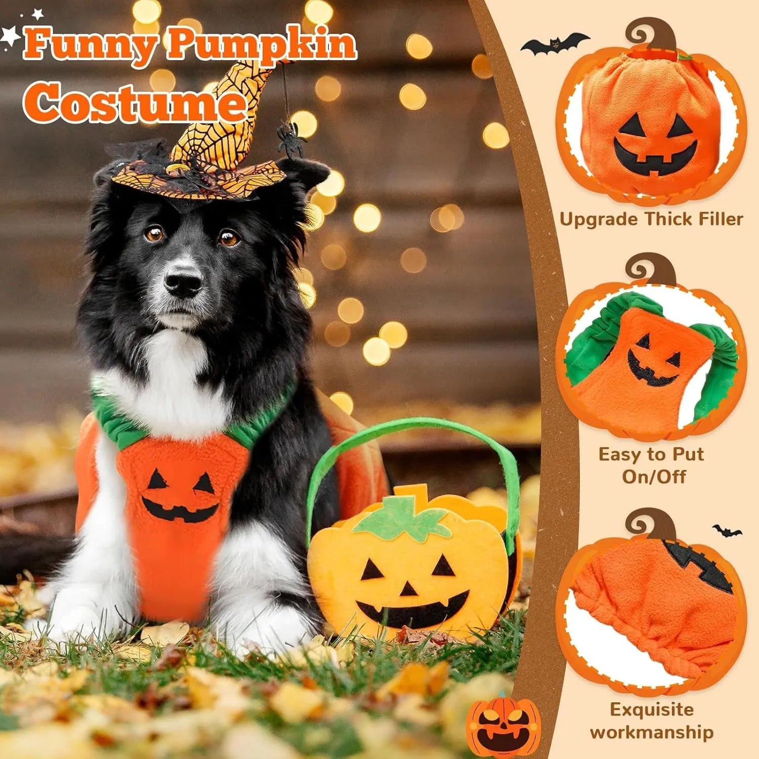 Orange pumpkin plush Halloween costume on a small dog, showing pullover design and soft texture.