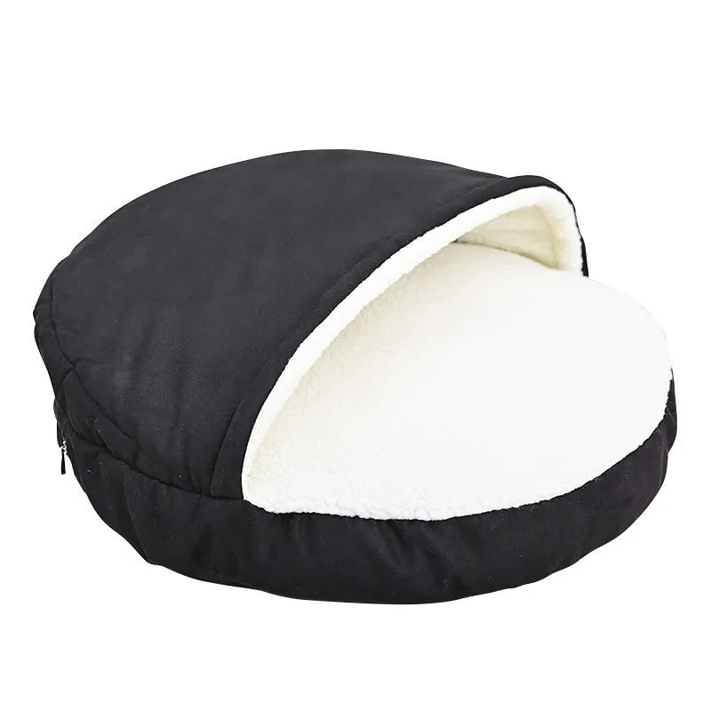 A brown cloth dog kennel with a removable, washable design, shown in a home setting.
