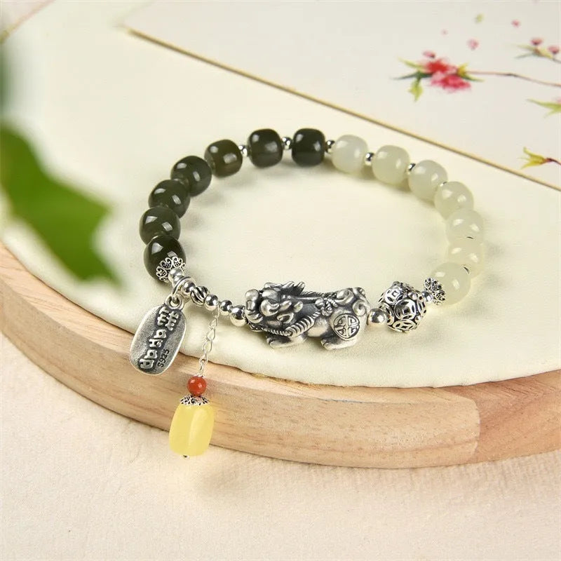 Women's pure silver coin bracelet with natural Hetian jade beads in retro style